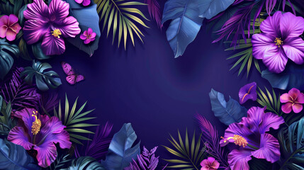 Floral neon frame with copy-space composed of vivid purple tropical flowers and dark foliage