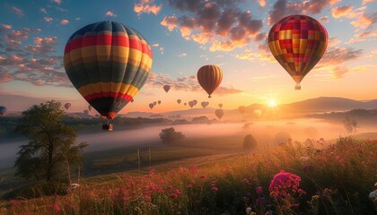Colorful hot air balloons at sunrise - obrazy, fototapety, plakaty