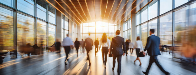 Blurred figures move swiftly through a sun-drenched modern lobby. The bustling activity within the corporate environment illustrates daily life's rhythm in a fast-paced world.