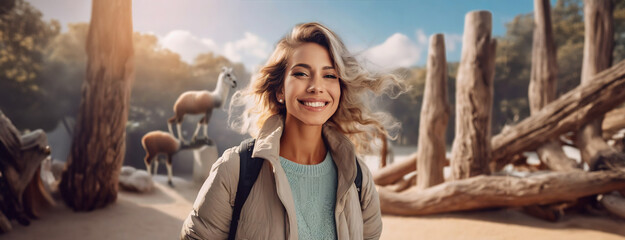 A joyous traveler smiles warmly against a backdrop of ancient sandstone sculptures and the clear blue sky, her adventurous spirit perfectly in sync with the historic surroundings. - obrazy, fototapety, plakaty