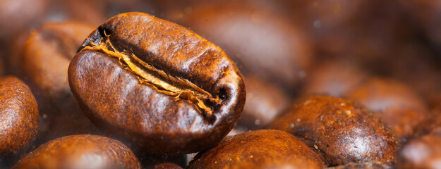 International Coffee Day. Coffee bean close-up, highlighting the textures and contours of flavor. The richness of the roasted seed invites a world of aroma and taste. Panorama with copy space.