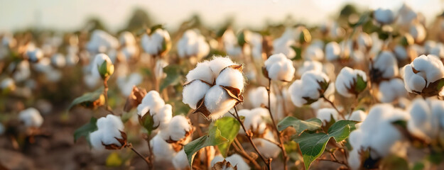 Cotton plants at dusk in the field, awaiting the harvest. Sunlit fibers are highlighted by the warm glow, softness and purity. Panorama with copy space.