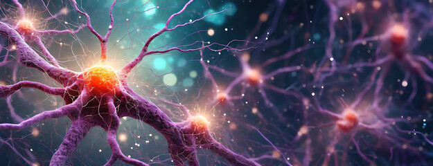 Neuron activity illustration, capturing the spark of human cognition. A vibrant display of synaptic transmission lights up the neural network. Panorama with copy space.