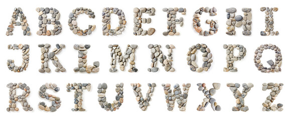 Stone Pebbles Letters Alphabet  Isolated on White Background
