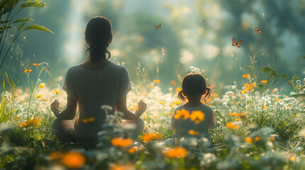 2. Garden Yoga: A lush garden setting where a mother and child engage in a yoga session amidst blooming flowers and verdant foliage, with dappled sunlight filtering through the lea - obrazy, fototapety, plakaty