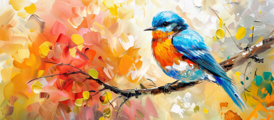 Blue Bird Sitting on Autumn Branch Acrylic Painting. Canvas Texture, Brush Strokes Banner