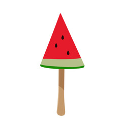 Watermelon slice on stick hand drawn sketch isolated on white background. Cute colored watermelon ice cream on stick. Fruit popsicle. For poster, banner. Yummy fresh summer fruit sweet dessert