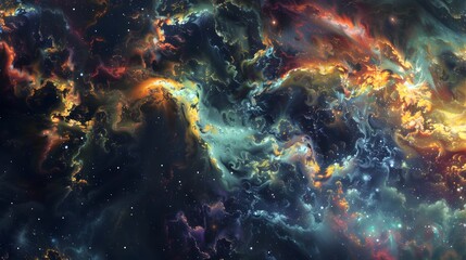 A celestial collision of galaxies rendered in digital abstraction, blending cosmic colors in a breathtaking panorama.