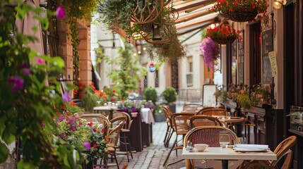 A charming bistro with a patio adorned with hanging baskets of lavender and geraniums, offering a...