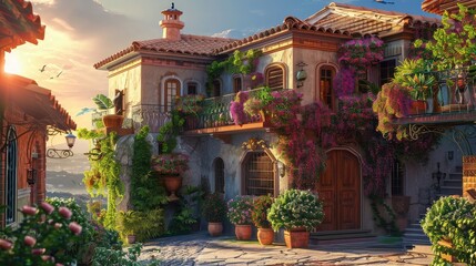 A Mediterranean villa bathed in the soft glow of dawn, its terracotta roof tiles kissed by the first light of morning.