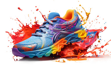 Sport Fit Shoe with Mixed Color Splash on Transparent Background