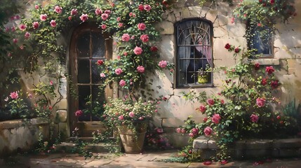 A charming cottage garden with a weathered stone wall covered in climbing roses and honeysuckle, offering a serene retreat with views of a quaint village.