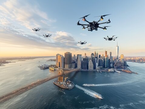 A city with a bridge and a boat in the water. There are several drones flying over the city