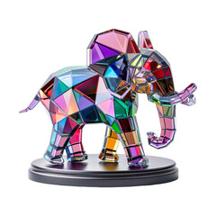 Handmade coloured crystal Elephant Glass Figurine on round podium isolated on transparent background.