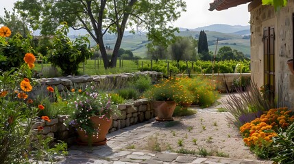 A charming courtyard with a stone wall adorned with cascading petunias and marigolds, offering a peaceful retreat with views of a lush vineyard and rolling hills. - obrazy, fototapety, plakaty