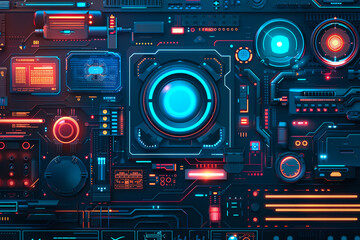 Fototapeta premium Blue and red electronic circuit board background. 