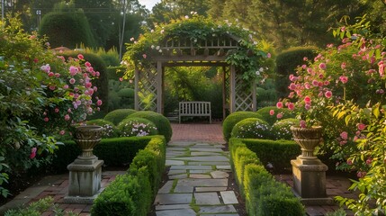 A charming English garden with manicured hedges, a rose-covered arbor, and a picturesque stone bench tucked away in a shady alcove.