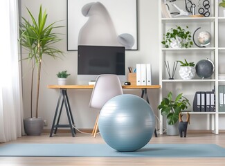 stock photo of home office with yoga ball and mat, gym equipment on shelf, clean white walls