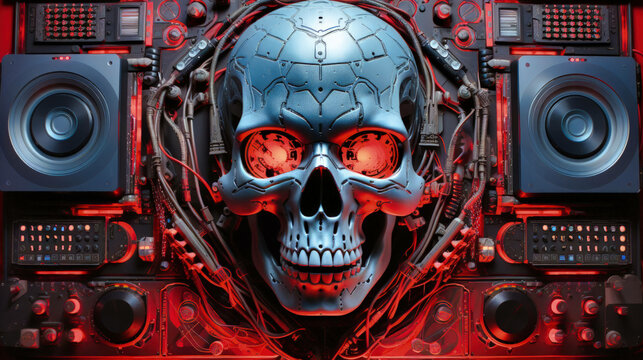 A hyper-technological DJ cover symbolizes the heart of TECHNO music, illustrating the art of mixing and the energy of music scenes designed for the creation of music playlists. Ai generated