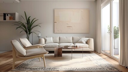 A modern and minimalist living room with sleek furniture and clean lines, featuring a neutral color palette and uncluttered space to create a serene and tranquil atmosphere 