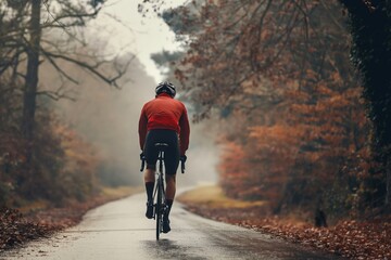 Obraz premium Professional road cyclist On a Training Ride back view, cyclist on the ride at the road, cycle riding training, cycling, riding, athlete 