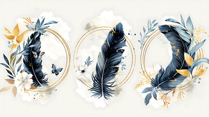 three circular frames, each containing an exquisitely illustrated feather. The feathers are surrounded by delicate leaves, flowers