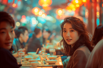 Asian people sitting having dinner in a illuminated restaurant chatting at evening.