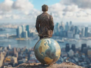 Foto op Canvas A man stands on a hill overlooking a city with a globe in his hand. Concept of adventure and exploration, as the man is ready to embark on a journey © MaxK