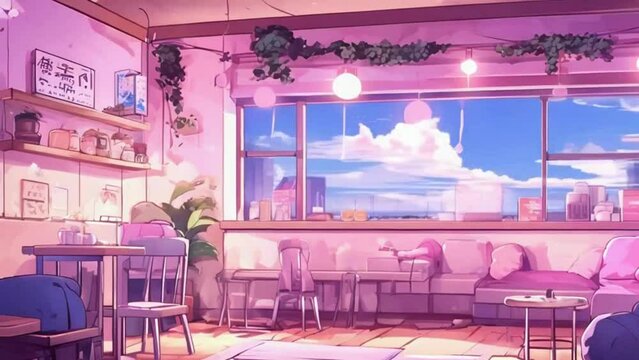 Virtual backgrounds, stream overlay loop wallpaper cozy lo-fi anime living room, manga chill hip hop, anime, hand-drawn, 2D anime style animation 4K video