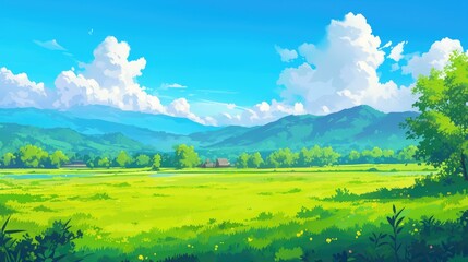 Obraz premium Capture the serene beauty of a springtime rural landscape featuring lush green fields under a clear blue sky with fluffy clouds and a majestic mountain in the background This charming scener