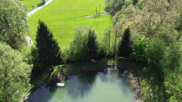 Cinematic effect with drone on an artificial lake used for sport fishing, surrounded by pine trees and green fields 2