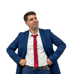 PNG Triumphant Businessman with Hands on Hips, Smiling with Satisfaction transparent empty background