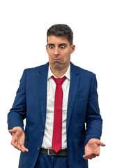 PNG Perplexed Businessman with Upturned Palms and Confused Expression transparent empty background
