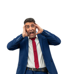 PNG Terrified Businessman Screaming with Hands on Head transparent empty background