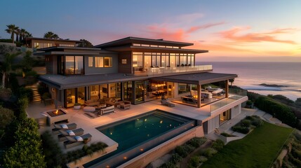 A coastal retreat blueprint with panoramic views of the ocean, incorporating elements such as...