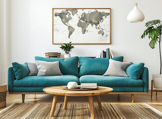 Stylish Scandinavian interior of a living room with a turquoise sofa, wooden coffee table and elegant personal accessories in a modern home decor