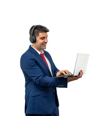 PNG Businessman Working on Laptop with Headphones transparent empty background