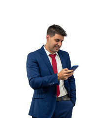 PNG Businessman in suit texting on smartphone transparent empty background