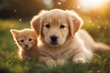 'puppy kitten golden ginger retriever animal baby young pet whelp tongue studio indoor pedigreed gold white labrador small cute breed happy brown cat dog friendship felino whisker'