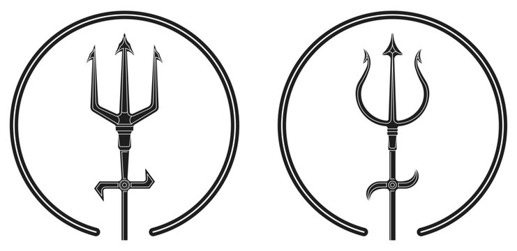 Symbolism of the mystical trident in black silhouette with representation in icons and editable lines.