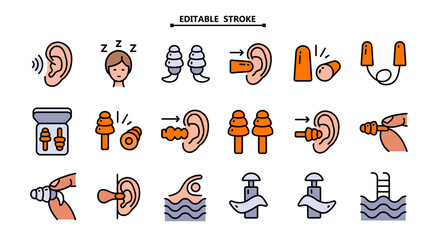 Earplugs color icons set. Editable stroke. Care device. Ear protection. Vector signs isolated on white. Earplug symbols collection. Noise symbol. Vector illustration.