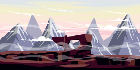 Vector illustration of an amazing mountain landscape. Cartoon scene of mountain slopes and gorges, faults, mountains with peaks, pointed peaks, fog, pastel shades of sky with white clouds.