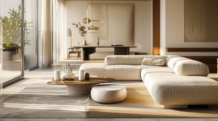 A modern minimalist living room bathed in soft, diffused light, with clean lines and neutral tones creating a sense of calm and harmony