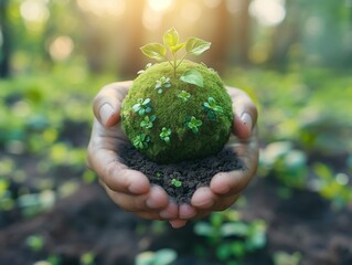 A person is holding a small plant in their hand. The plant is surrounded by dirt and he is a seedling. Concept of nurturing and growth, as the person is taking care of the plant
