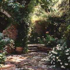 A cozy courtyard with a brick wall adorned with cascading jasmine and morning glories, offering a...