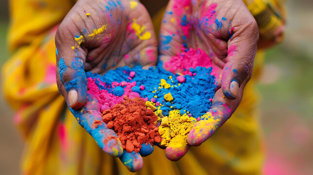 the joyous celebration of Holi, a vibrant and colorful festival celebrated in India. The central focus is on two hands cupped together