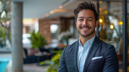 Fototapeta premium Stock image of a real estate agent, smart attire with a welcoming smile, property brochures in the background
