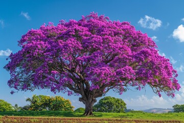 Behold the awe-inspiring view of a blooming purple Ipê tree, where deep purple flowers add a touch of royalty against the verdant foliage and clear blue skies, encapsulating the beauty