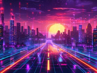 Fototapeta premium Vector illustration of a digital landscape, cyberpunk theme, neon colors against a dark background, futuristic skyline