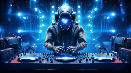 A hyper-technological DJ cover symbolizes the heart of TECHNO music, illustrating the art of mixing and the energy of music scenes designed for the creation of music playlists. Ai generated